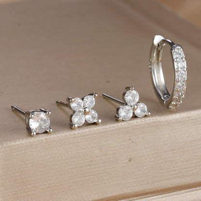 4PCS 18K Gold Plated Flower Round Piercing Earrings Set For Women
